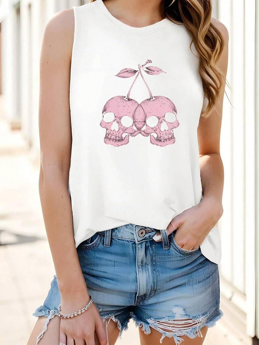 Interconnected Pink Skulls Women's Vest - White - View 1