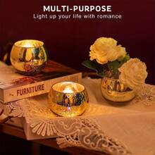 "3/6/12pcs Gold Glass Tea Light Candle Holders, 2.2 Inch Round Ball Shape With Starburst Design – Perfect For Christmas, Wedding, Dining Table Decor, Holiday Centerpiece, Home Decoration Gifts"