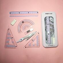 7pcs/Set Iron Boxed Exam Kit For Students Including Ruler, Compass, Protractor, Triangle Ruler, Eraser, Study Straight Ruler, Elementary School Prizes, Gifts, Study Stationery Back To School