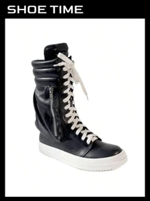 Zapatillas de moda de caña alta con cordones, zapatos de calle con bolsillo lateral, Racer-1 - Negro - Ver 1