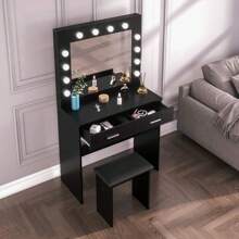 Jooli H Dressing Table Set With LED Lights Mirror, Vanity Makeup Table 2 Large Drawers And Stool, Black - Black - View 6