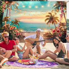 1 Pc Polyester Hawaiian Party Beach Banner, Tropical Ocean Photography Backdrop, Suitable For Spring/Summer Hawaiian Party, Aloha Party, Luau Party Themed Decoration, Indoor/Outdoor Home Decor - Multicolor - View 4