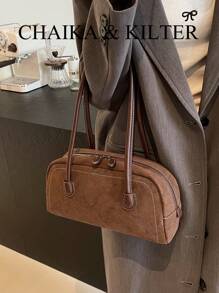 CHAIKA & KILTER 1 件纯色仿麂皮面料女士单肩包，复古时尚哑光保龄球包，撞色缝线，双手柄设计，拉链开合，适合日常和户外使用，新款秋冬女包，最佳秋季钱包，最新时尚女士仿麂皮包，完美搭配秋季服装女士秋季服装 - 咖啡棕 - 查看 5