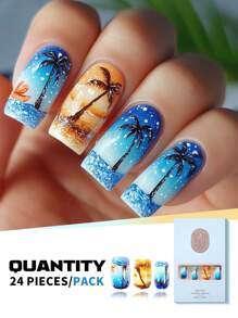 24 件夏季按压指甲蓝色海洋渐变色和棕榈树设计 - 中长款可重复使用丙烯酸假指甲套装，带果冻胶和指甲锉，全覆盖度假指甲，适合女性海滩派对/日常使用/下午茶 - 彩色 - 查看 1
