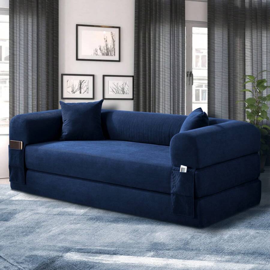 Compression Sofa - Convertible Floor Foldable Sofa Bed - With 2 Pillows, Corduroy, Queen Size - Blue - View 1