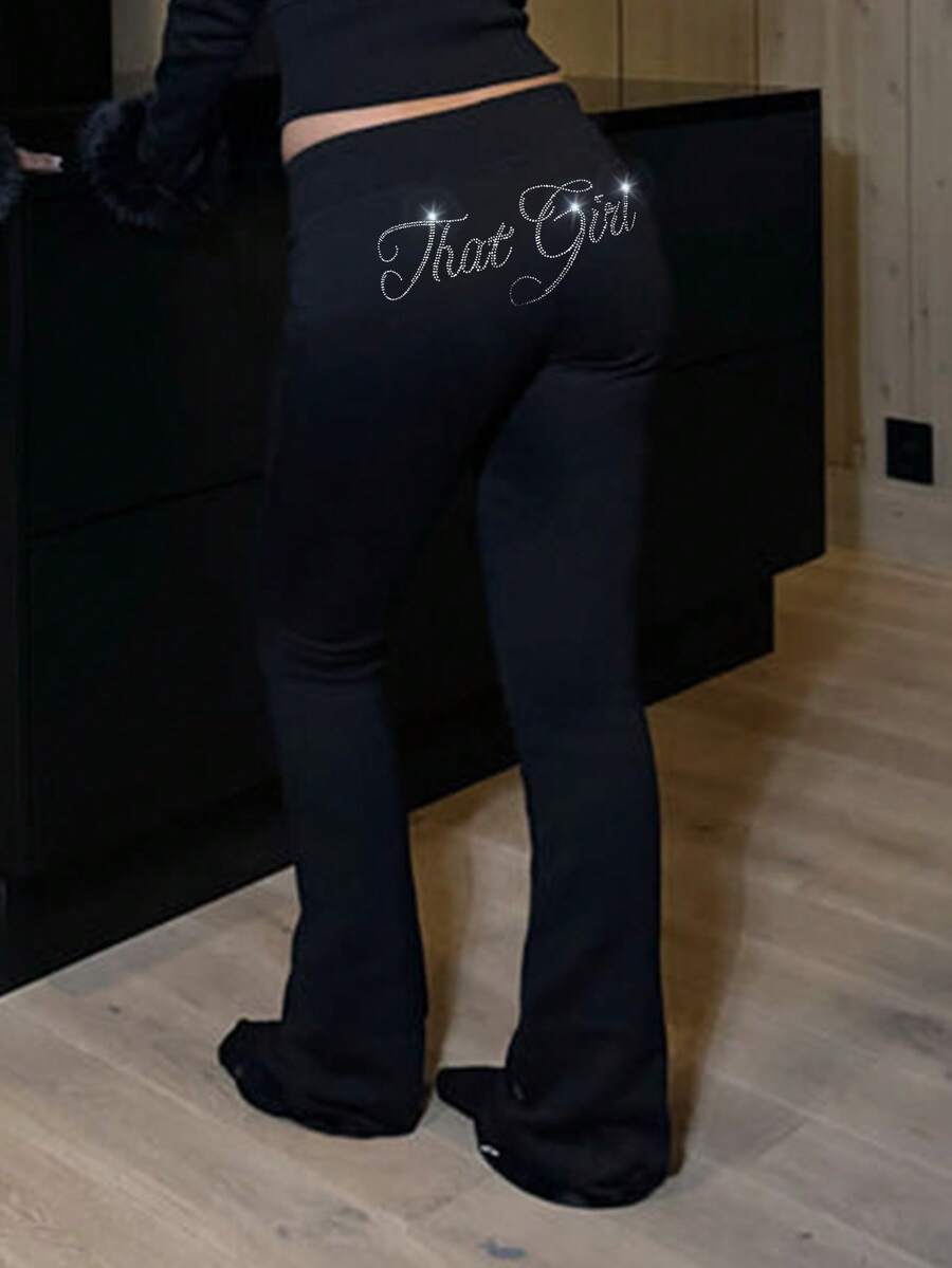 LovelyWholesale Women'S Casual Drawstring Rhinestone Letter Chic Pants For Women Fall Clothes For Women