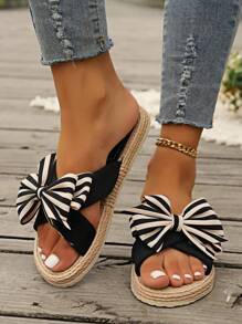 Women's Fashion Casual Striped Bow Decor Flat Outdoor Slippers, Versatile Beach Sandals Suitable For Summer Holiday