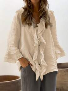 Camisa de mujer de Primavera/Verano de diseño casual de unicolor con doble capa, borde con volantes, bolsillos con botones, estilo "Old Money", cómoda y transpirable, diseño con volantes de gran tamaño, botones de madera vintage y detalles elegantes y dignificados