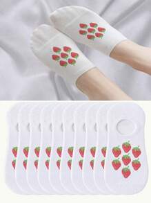 1/3/5/10 Pairs Of Women's Fringed Short Socks, Boat Socks, Strawberry Patterned White Socks, White Socks, Cute Girl Socks, Suitable For Various Daily Wear Such As Vacation, Sports, Leisure, Business, Outdoor Travel, Etc. Short Socks - Multicolor - View 2