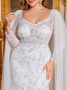 UNITHORSE Plus Size Women Sweetheart Collar, Batwing Sleeve, Sequins Embroidery, Lace Mesh Patchwork White Mermaid Wedding Dress Gown,Bride, All White Party Outfit Women - White - View 6