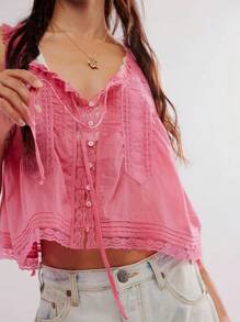 Women Lace Trim Vest Tank Tops Y2K Fairy Sleeveless Tie Button Front Sheer Mesh Crop Tops Summer Going Out Tops Cute Loose Fit Cami Shirt  Aesthetic Clothes - 粉色 - 查看 4