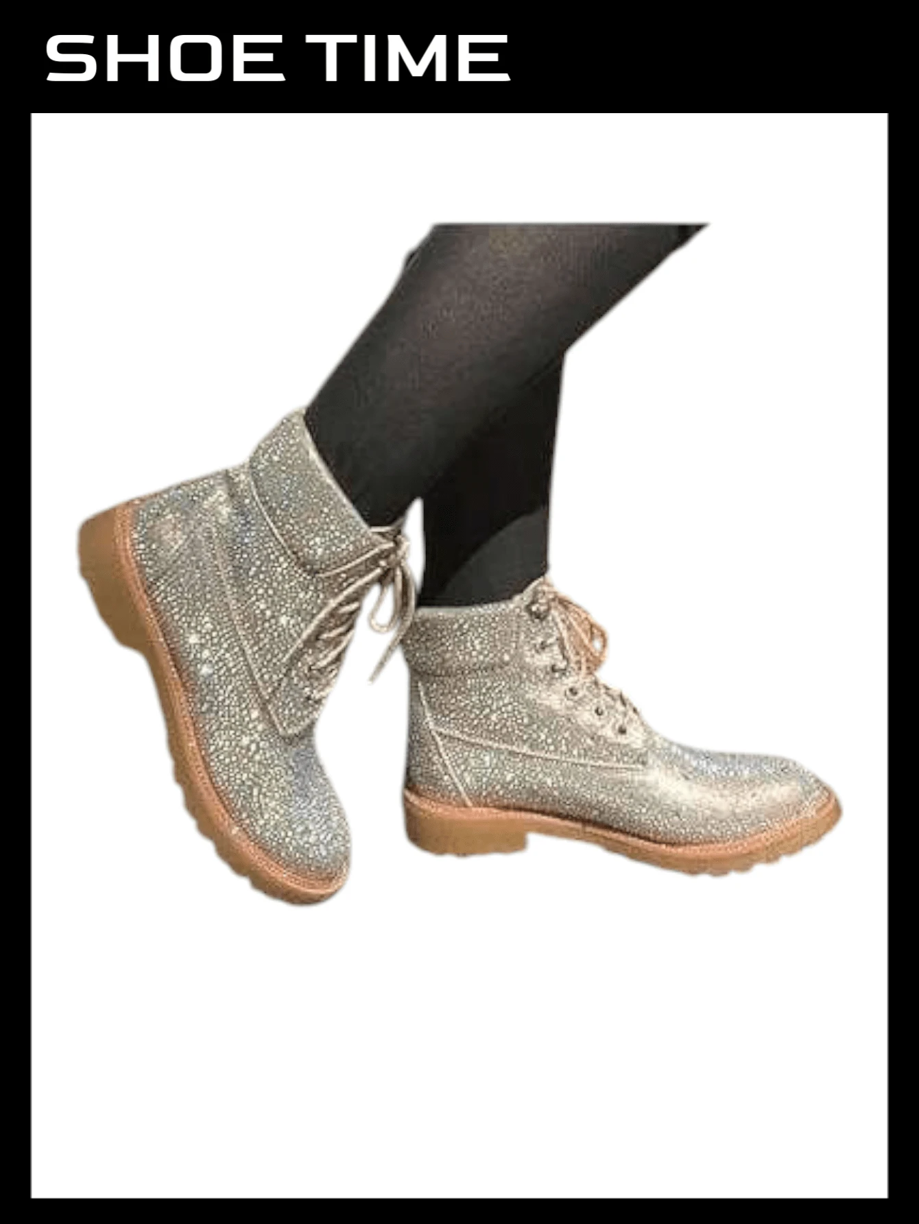 Lace Up Rhinestone Glitter Combat Boots, Metallic Boots Vacation Shoes Halloween Wonderful - Champagne - View 1