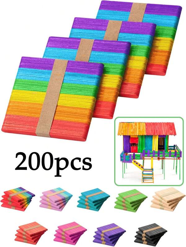 200pcs Colored Popsicle Sticks, Wooden Rainbow Colored Popsicle Sticks For Crafts,4.5 Inch Colored Wooden Craft Sticks,Ice Cream Sticks, Rainbow Popsicle Sticks,DIY Handmade Craft Supplies,Building Model