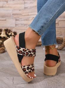 Plus Size Wedge Heel Buckle Leopard Sandals, Summer 2025 New Arrivals Fashion Outdoor Slip-On Sandals