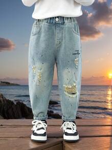 Toddler & Boys' Ripped Printed Casual Denim Jeans, All Seasons - Blue - View 3
