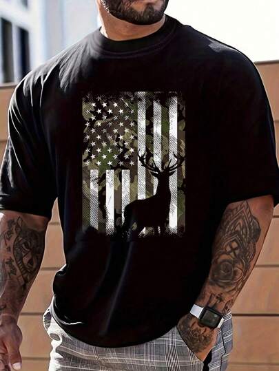 Plus Size Men's,Camo America Flag Usa Deer ,(1 Pcs )100% Cotton Casual Printed T-Shirt,Crew Neck Short Sleeve,220g  Cotton T-Shirt,For Going Out,Gift,Summer,Unisex