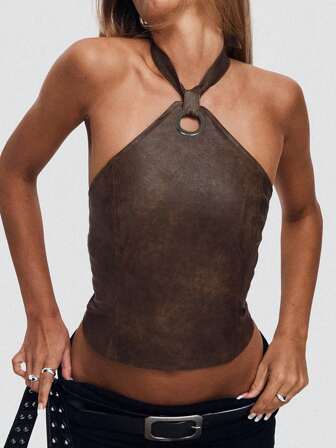 Vintage Halter Bandage Leather Tank Tops Sexy Backless Ring Slim Fit Women PU Vests Stunning Spring Summer Streetwear Hot Girl Tops