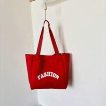 Fashion Large Capacity Letter Printed Tote Bag Simple Lightweight Shoulder Shopping Bag Canvas Handbag - Red - View 2