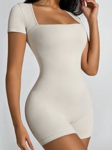 NcmRyu 1pc Women's Square Neck Ribbed Tummy Control Lifting Yoga Jumpsuit For Dance, Fitness, Outdoor - 米色 - 查看 2