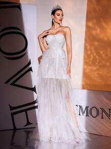 Long White Strapless Mesh Back Wedding Dress Gown, Bride - White - View 4