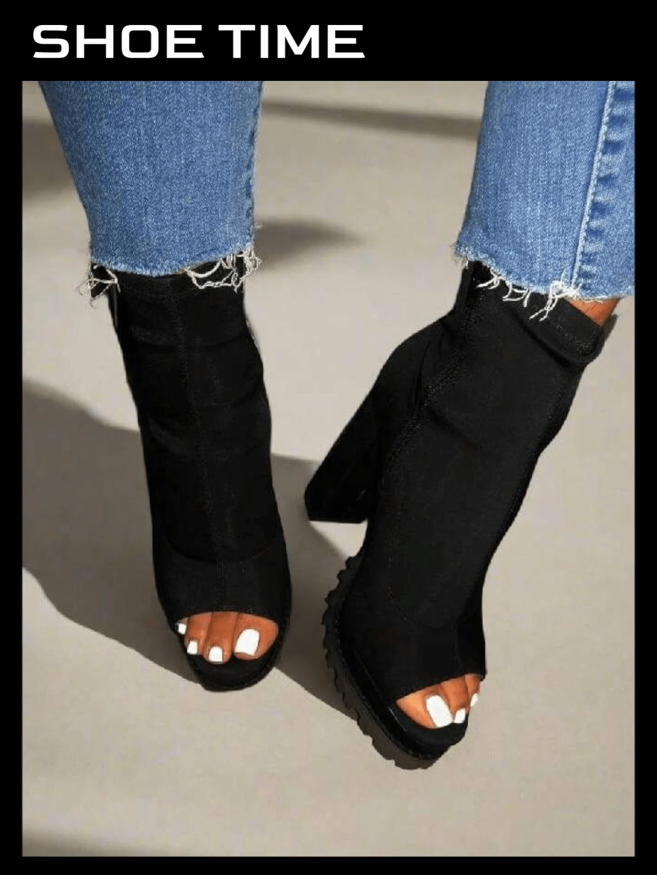Peep Toe Chunky Heel Booties, Fashionable Open Toe - 黑色 - 查看 1