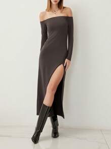 Women's  Summer  Slin Fit Off-Shoulder Long Dress Solid Color Long Sleeve High Slit Backless Dress - Dark Grey - View 1