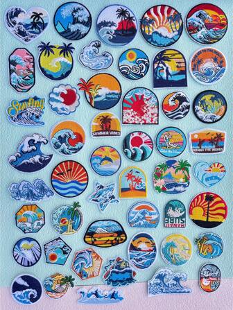 10/15pcs Wave Pattern Embroidered Patches, Heat-Press Decoration For Clothing, Bags, Shoes, Hats, Diary Notebooks