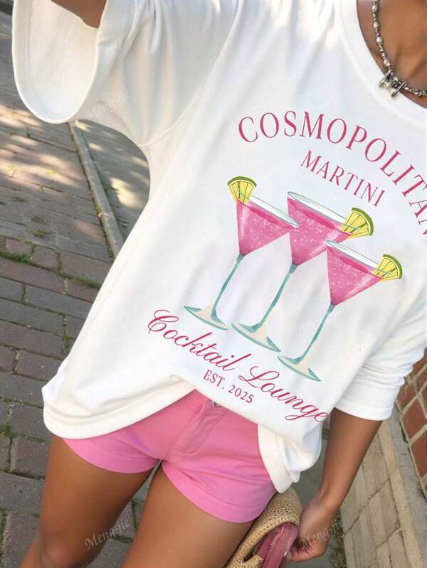 Women's Summer White Round Neck T-Shirt With Wine Glass & Letter Pattern