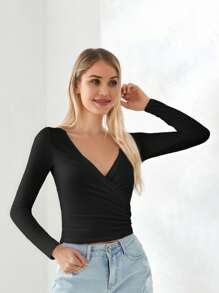 Women Ballet Wrap Top V Neck Solid Long Sleeve Self Tie Dance Shirt Pilates Yoga Tops Y2k Workout Active Blouses Clubwear For Daily Party - 黑色 - 查看 6