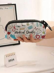 1pc Large Medical Supplies Print Pencil Case With Zipper - Durable Polyester, High Capacity For Pens & School Supplies, Stylish "Medical Doodles" Design With Stethoscope & Rx Symbols, Black Textured Grip, Perfect For Students & Professionals, Zipper Pencil Holder | Playful Design | Textured Grip Handle, Pencil Pouch