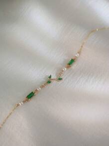 1 件时尚自然元素项链，带珍珠、柳枝、绿色锆石、925 银镀金，适合女性日常佩戴和礼物 - 金黃色 - 查看 4