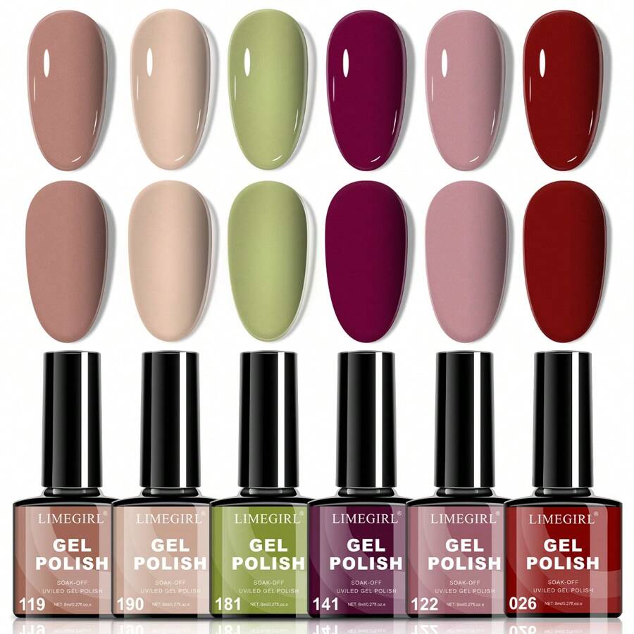 LIMEGIRL 凝胶指甲油套装 - 6色凝胶指甲油套装，适合所有季节，可卸除，附赠LED美甲灯，DIY美甲沙龙礼物，女士美甲