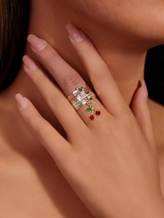 1 件三色迷人水晶红粉樱桃戒指，带七个圆圈，适合女士日常和节日佩戴，是送给朋友和闺蜜的理想礼物，Y2K