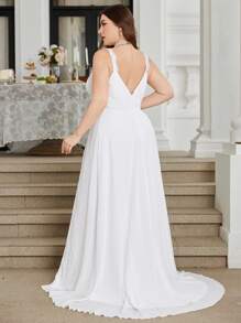 UNITHORSE Polyester Plus Size Fabric V-Neck Camisole A-Line Dress With Crystal Embellished Waist, Flared Hem White Wedding Gown,Bride - White - View 3