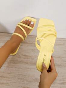 planare 女士时尚休闲度假风方头绑带PU露趾套脚舒适夏季黄色平底凉鞋，沙滩装扮 - 黃色1 - 查看 6