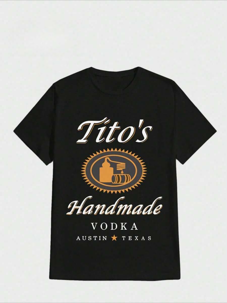 Sports Men's Casual Round Neck Tee Tito's Handmade Vodka Austin Texas Is America's Original Craft Casual Digital Print Pure Heavy Cotton T Shirt - Black - View 1