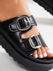Wide Fit Women Metal Buckle Decor Platform Slide Sandals - Black - View 6