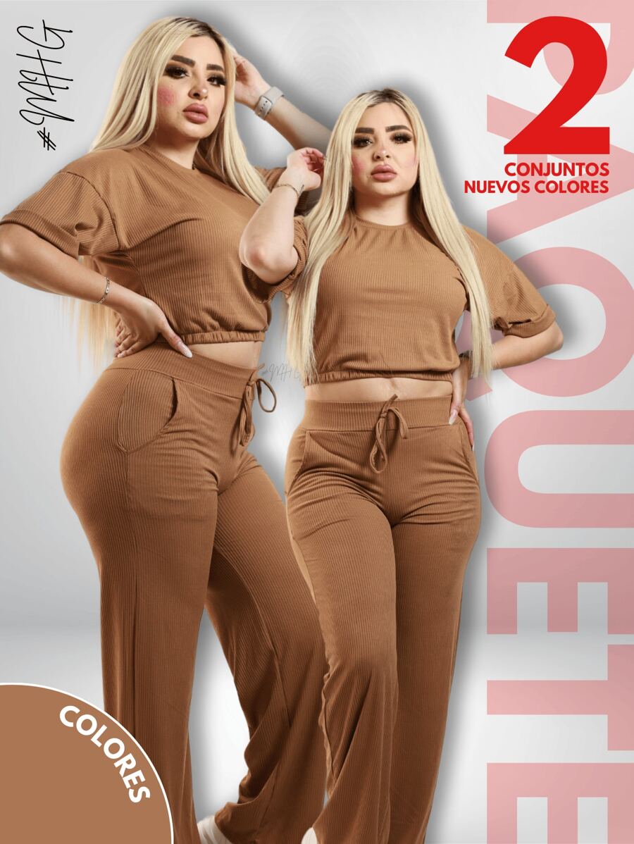 Camiseta de cuello redondo y mangas estilo murciélago y pantalones con cordón en la cintura - Camel - Ver 1