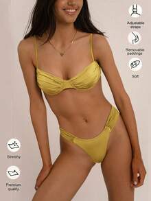 Fashionable Sexy Ruched Solid Color Bikini Set, Summer - Army Green - View 2