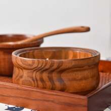 1pc Handmade Wooden Covered Serving Bowl - Suitable For Rice, Noodles And Soup - Ideal Kitchen And Dining Accessory