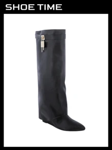Padlock Detail Fold Over Wedge Knee High Boots - Black Pu - View 1
