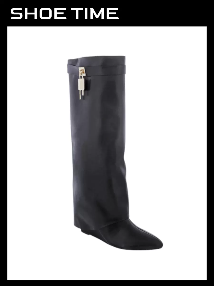 Padlock Detail Fold Over Wedge Knee High Boots - Black Pu - View 1