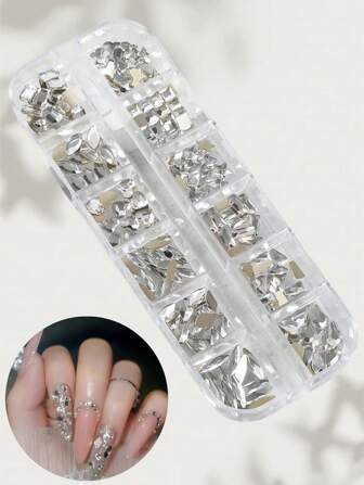 1 盒美甲钉扁平菱形水滴心形蝴蝶结方形水晶钻，12 格超闪亮指甲宝石美甲用品指甲美甲饰品