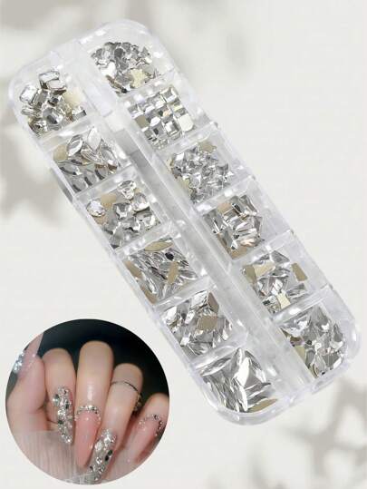 1 Box Nail Art Studs Flat Rhombus Water Drop Heart Bow Square Crystal Rhinestones, 12 Grids Ultra Sparkly Nail Gems Nail Supplies Nails Nail Charms