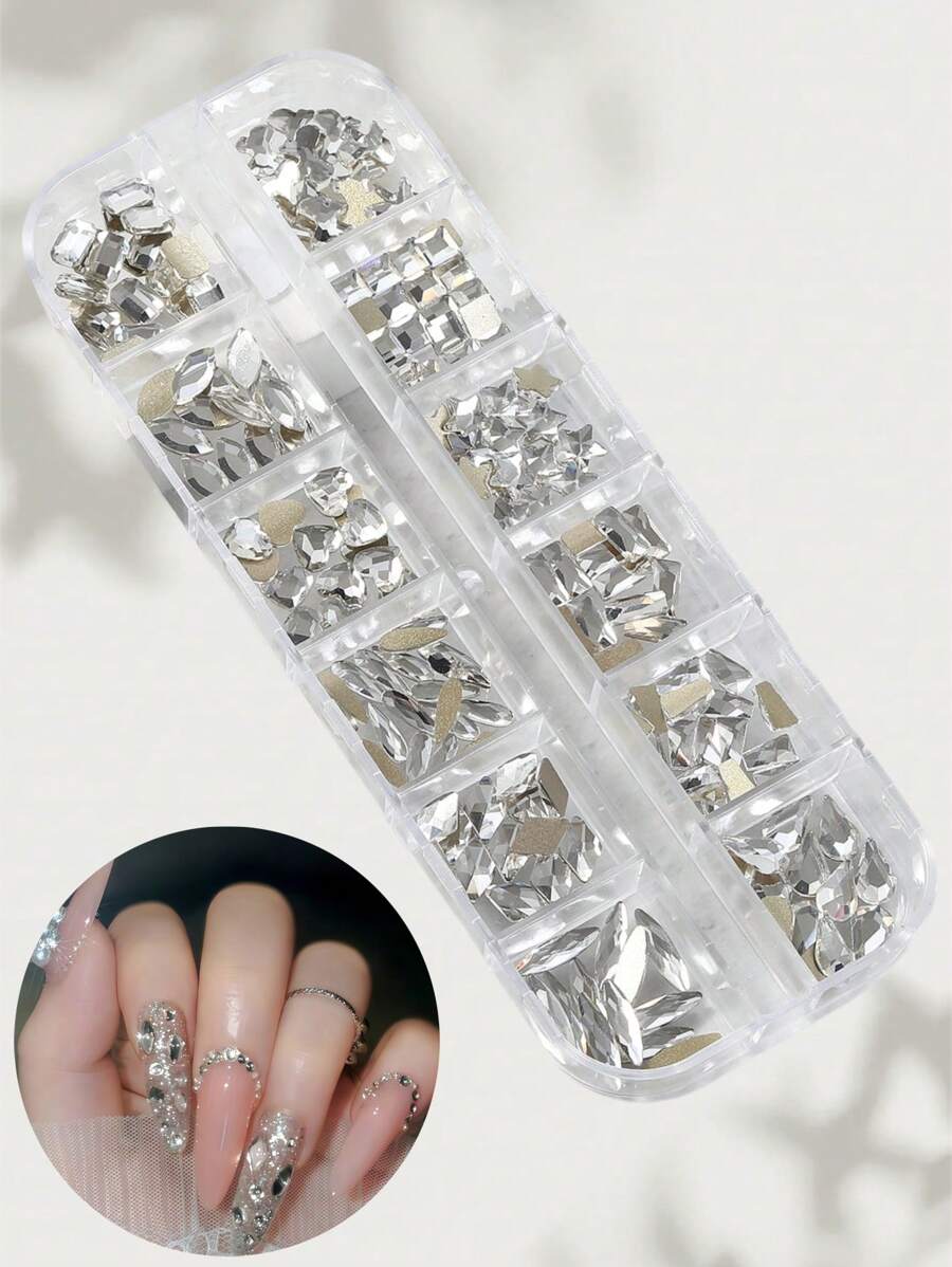 1 Box Nail Art Studs Flat Rhombus Water Drop Heart Bow Square Crystal Rhinestones, 12 Grids Ultra Sparkly Nail Gems Nail Supplies Nails Nail Charms