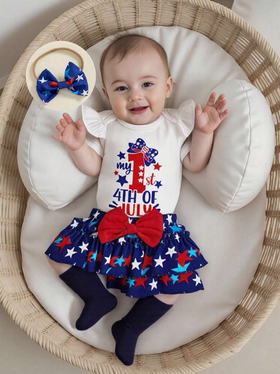 Baby Girl 4th Of July Outfits Letter Romper+Tutu Bloomer Shorts+Stocking+Headband Infant Newborn First 4th Of July Outfit - Màu xanh lam - Xem 1