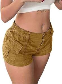 Women Y2k Cargo Shorts Solid Color Vintage Elastic Casual Summer Plus Size Low Rise Shorts With Pockets Egirls Slim Fitted Short Pants For Nightclub Retro Harajuku Streetwear Aesthetic Clothes - màu nâu - Xem 2