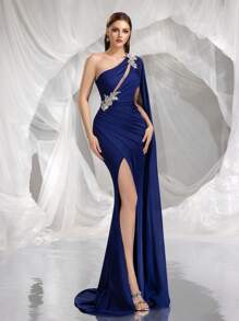 Elegantes und romantisches asymmetrisches 3D-Kleid mit Strass-Verzierungen, geeignet für Abendpartys, formelle Anlässe, Abendkleider, für Hochzeitsgäste