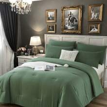 3 Pieces (Full/Queen/King) Elegant Bed In A Bag Comforter Set, Twin(2 Pieces),Stylish Solid Comforter, Soft Microfiber, Comfortable And Warm, Cloud-Like Soft Bedding Set, Bedroom Decor For Spring/Summer/Autumn/Winter, Ideal Gift - 墨綠色 - 查看 1