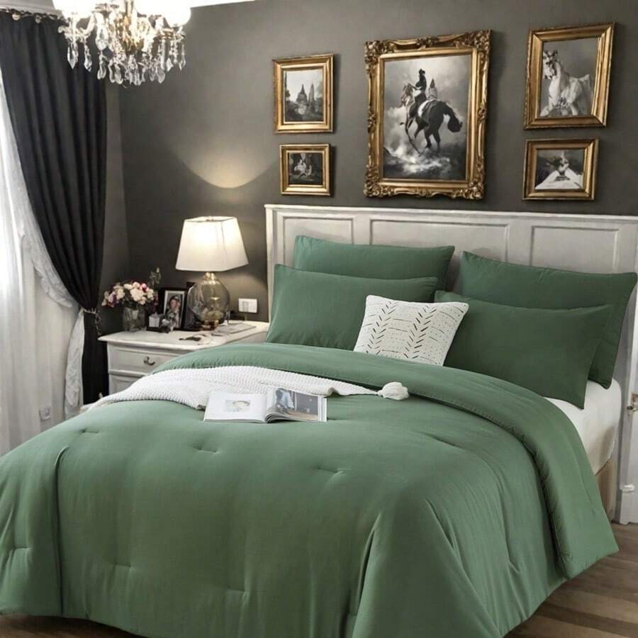 3 Pieces (Full/Queen/King) Elegant Bed In A Bag Comforter Set, Twin(2 Pieces),Stylish Solid Comforter, Soft Microfiber, Comfortable And Warm, Cloud-Like Soft Bedding Set, Bedroom Decor For Spring/Summer/Autumn/Winter, Ideal Gift - 墨綠色 - 查看 1